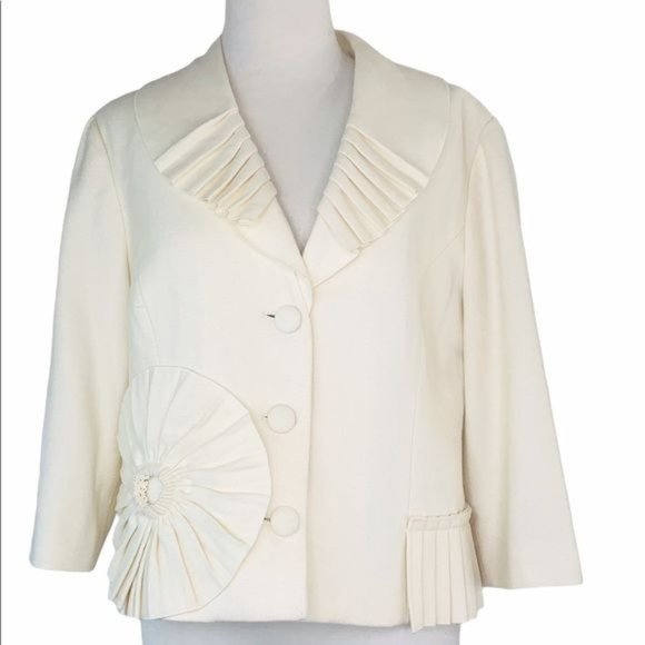 Tabitha Anthropologie Swing Jacket Pleated Flower Accent 3/4 Sleeves Womens 12 - Picture 2 of 10